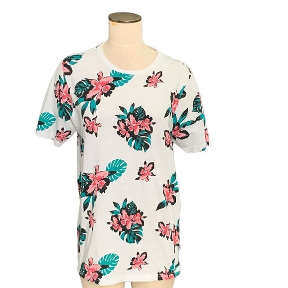 Free Planet Organic Cotton Floral T-Shirt Sz M White Pink Teal #104J - Picture 3 of 9